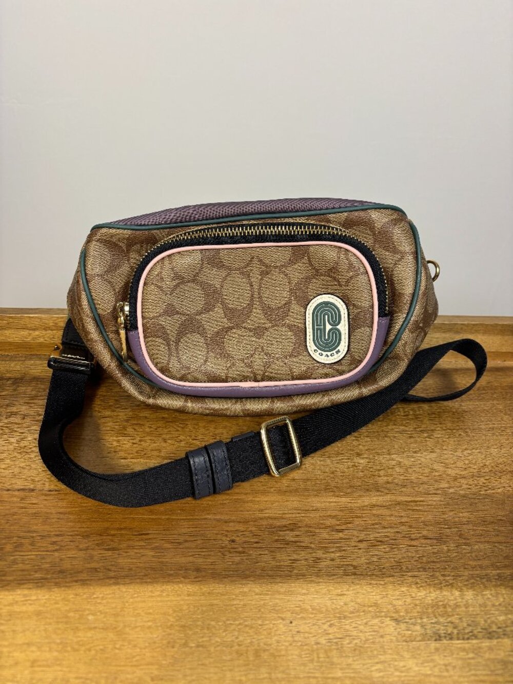 Coach Court Signature Khaki Coated Canvas Purple Nylon Coach Patch Belt Bag